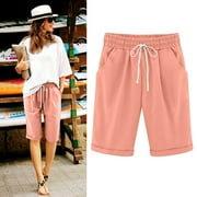 Xysaqa Women's Knee-Length Bermuda Casual Shorts with Elastic Waist Drawstring Summer Cotton Linen Shorts (Available in Plus Size)